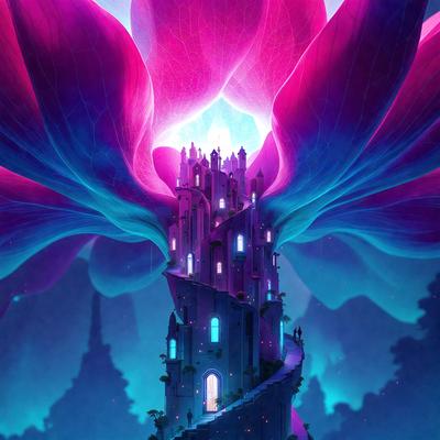 The primary subject of the image is a large, purple, pink, and blue flower with a castle-like structure inside it. The setting is a colorful, surreal landscape, and the visual style is a digital art or illustration. The dominant colors and overall atmosphere are vibrant, whimsical, and imaginative.